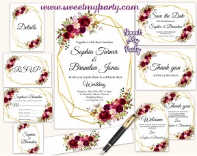 Burgundy Wedding Invitation set,Geometric Wedding invitation set,(116w)